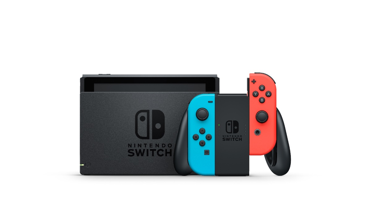 Switch Konsole mit Joy-Con-Controllern in Neon-Rot/Neon-Blau