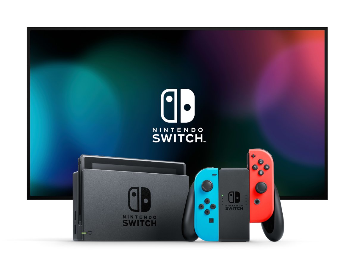 Switch Konsole mit Joy-Con-Controllern in Neon-Rot/Neon-Blau